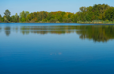 Weiher im Vordergrund, Bäume mit herbstlichem Laub im Hintergrund