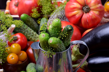 Fresh cucumbers in a metallic jug surrounded by the vegetables and dill