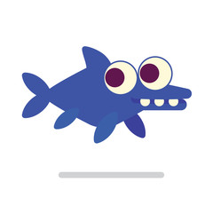 Cute Ichthyosaur swimming. Dinosaur life. Vector illustration of prehistoric character in flat cartoon style isolated on white background. Funny blue Ichthyosaurus with big eyes. Element for design.