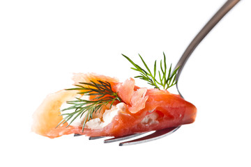 Smoked salmon , cream cheese and dill on white background