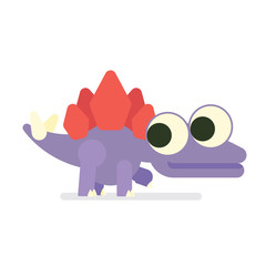 Cute Sregosaurus walking. Dinosaur life. Vector illustration of prehistoric character in flat cartoon style isolated on white background. Funny violet Stegosaur with big eyes. Element for design.