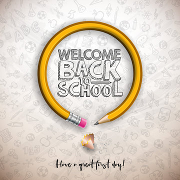 Back to school design with graphite pencil and typography lettering on white board background. Vector School illustration with hand drawn doodles for greeting card, banner, flyer, invitation, brochure