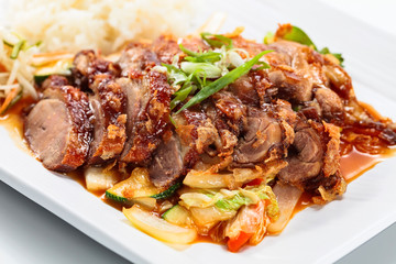 Roasted meat with  rice. Korean cuisine.