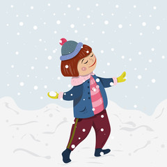 Winter Christmas collection. Girl playing snowballs in winter.