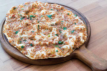 Turkish Food Lahmacun with Minced Meat, Buttermilk Ayran and Salad