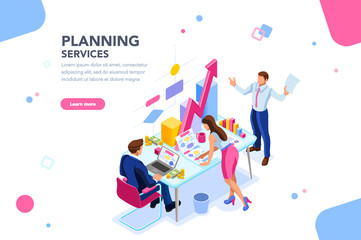 Analyst, financial banner. Planner, corporate earning calculate, data discussion. Consultant concept, characters, text on flat isometric emblem. Flowchart icons, infographic images vector illustration