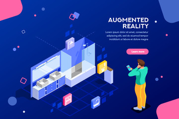 Obraz premium Augmented reality visualization on device. Character on a concept of furniture application to build interior catalog for shop. Futuristic app interaction. Vr concept or ar. Flat isometric illustration
