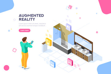 Augmented reality visualization on device. Character on a concept of furniture application to build interior catalog for shop. Futuristic app interaction. Vr concept or ar. Flat isometric illustration