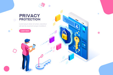 Infographic, banner with hero protect data and confidentiality. Safety and confidential data protection, concept with character saving code and check access. Flat isometric vector illustration.