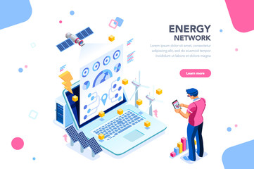Augmented reality connection and accounting of energy station. Future, futuristic chart of energy visualization on application, email or infographics. Infrastructure of network. Flat isometric design.