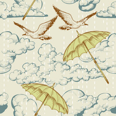 Sky seamless pattern. Clouds and rain, umbrellas flying up in the sky