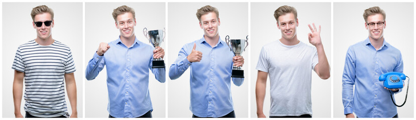 Collage of handsome blond man wearing different outifits