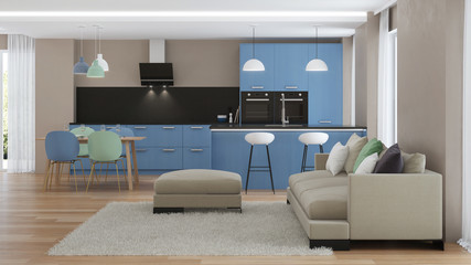 Modern house interior. Blue Kitchen. 3D rendering.