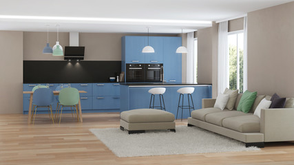 Modern house interior. Blue Kitchen. 3D rendering.