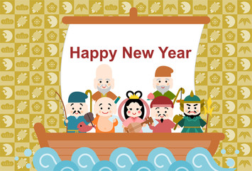 七福神の年賀状イラスト（鶴と亀と松竹梅模様）