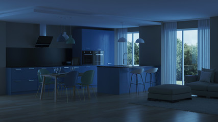 Modern house interior. Blue Kitchen. Night. Evening lighting. 3D rendering.