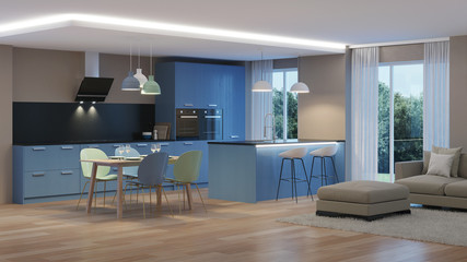 Modern house interior. Blue Kitchen. Night. Evening lighting. 3D rendering.