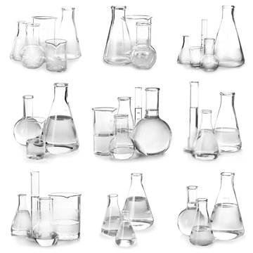 Set with laboratory glassware for chemical analysis on white background