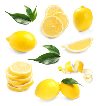 Set with fresh lemons on white background