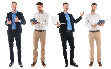 Set with mature teacher on white background