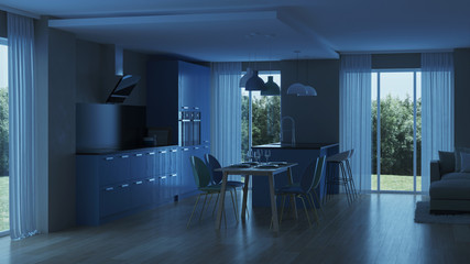 Modern house interior. Blue Kitchen. Night. Evening lighting. 3D rendering.