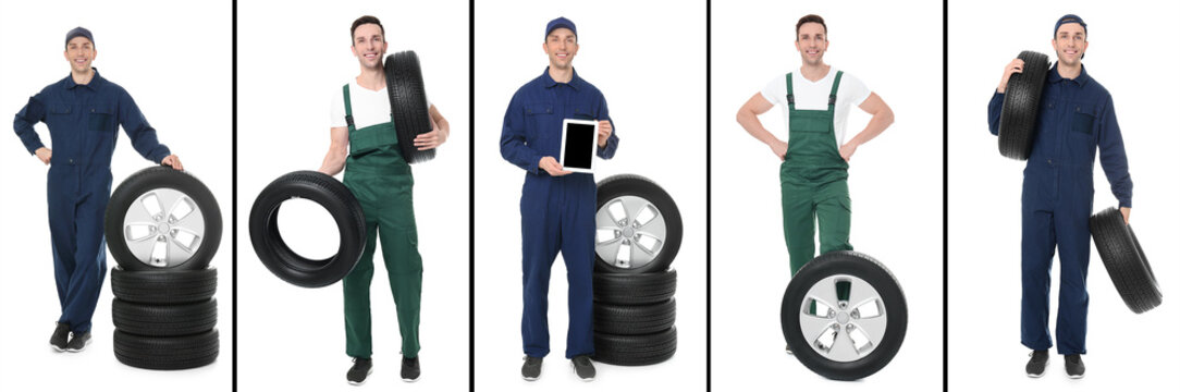 Set with professional mechanic and car tires on white background