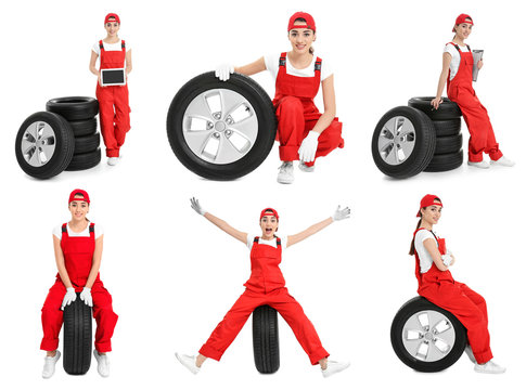Set with professional mechanic and car tires on white background