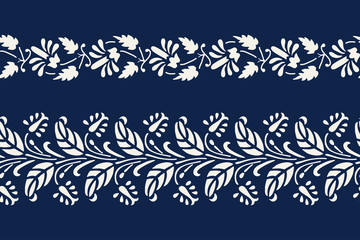 Set of 2 seamless woodblock printed indigo dye ethnic floral borders. Traditional oriental ornament of India, flower garland motif, ecru on navy blue background. Textile design. - 218815829