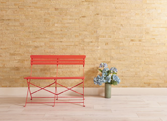 Modern summer chair and vase of plant red detail brick wallpaper.