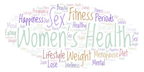 Word cloud with text Women's Health on a white background.