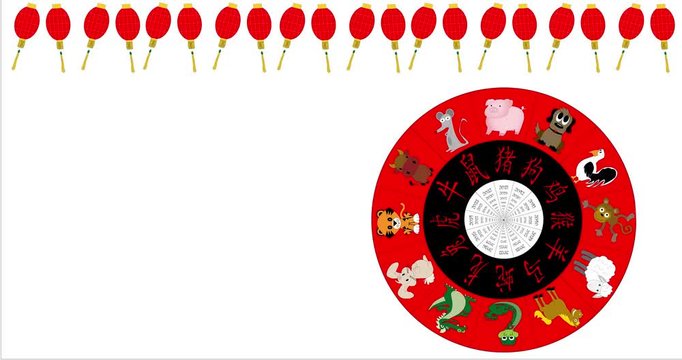 Animated Chinese New Year Wheel spinning with red lantern border with copy space, white background