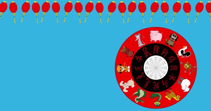 Animated Chinese New Year Wheel spinning with red lantern border with copy space, chroma key