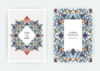 Arabesque floral decoration print, border design template vector. Oriental flowers style pattern. Eastern motif element. Ornamental frame illustration background invite, greeting card, wedding