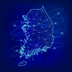Global logistics network concept. Communications network map of the South Korea on the world background. Map of  South Korea with nodes in polygonal style. Vector illustration EPS10. 