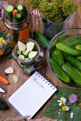 Process of cooking pickled cucumbers with garlic and spices. Making up a recipe