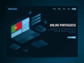 Online Learning Portuguese. Education concept, Online training, specialization, university studies. Isometric vector illustration.