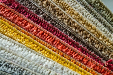Samples of a multi-colored carpet, an example of pile and carpet color