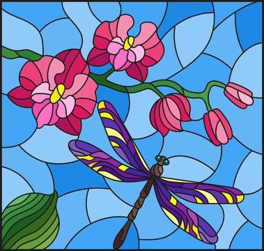 Illustration in stained glass style with a branch of pink  Orchid and orange bright dragonfly on a blue background