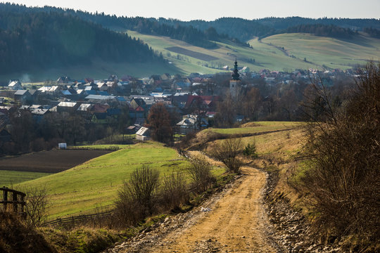 Road to church in Kacwin in Tatra mountains, Malopolskie, Poland