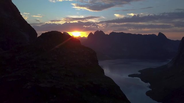 Aerial view of sunrise over the Lafoten islands. Norway 4k