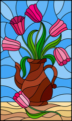 Illustration in stained glass style with still life,  jug with pink  tulips on a blue background
