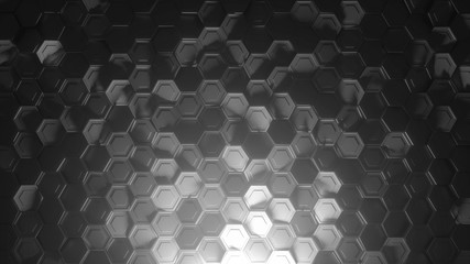 Hexagonal geometric background. Abstract structure of lots of different height metal hexagons with glowing light in down side. Creative honeycomb surface. Top view. Cell pattern. 3d rendering