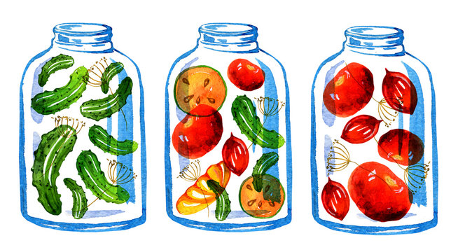 Hand drawn stylized illustration of three jars of vegetable preserves