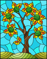 Fototapeta na wymiar Illustration in stained glass style with an apple tree standing alone on a hill against the sky