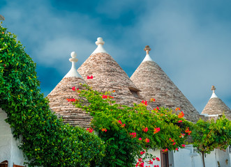 Traditional conical huts roof arhitecture in Trulli village of Alberobello in Italy