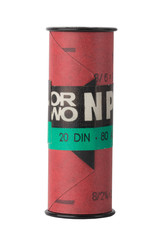 Film roll. Vintage black and white negative film isolated on white background. Original film Wolfen.
