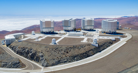 In the Atacama Desert of Chile, Aerial view of the Observatory over the Paranal hill