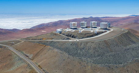 In the Atacama Desert of Chile, Aerial view of the Observatory over the Paranal hill