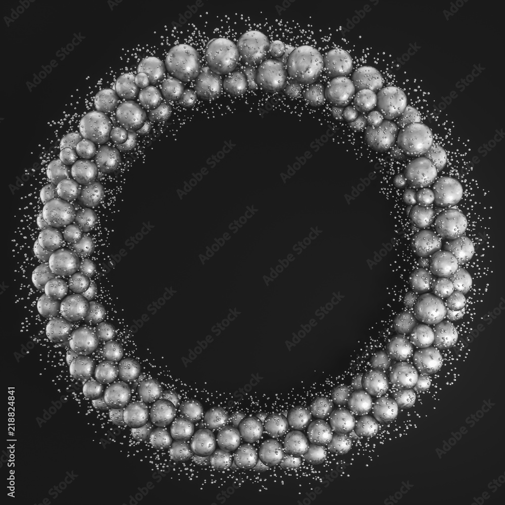 Poster ring of metal balls with different sizes on black background. abstract composition of many spheres a