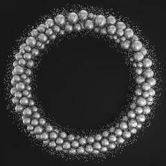 Ring of metal balls with different sizes on black background. Abstract composition of many spheres and particles forming circle. 3d rendering